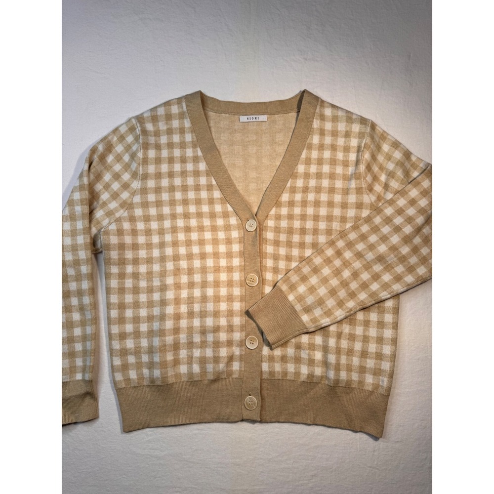 Sioni Womens Gingham Check Button Front V-Neck Cardigan Sweater Tan White Large